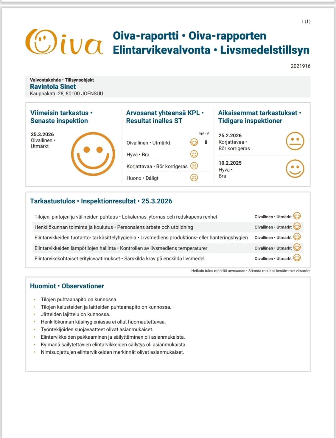 Official Oiva food safety certificate